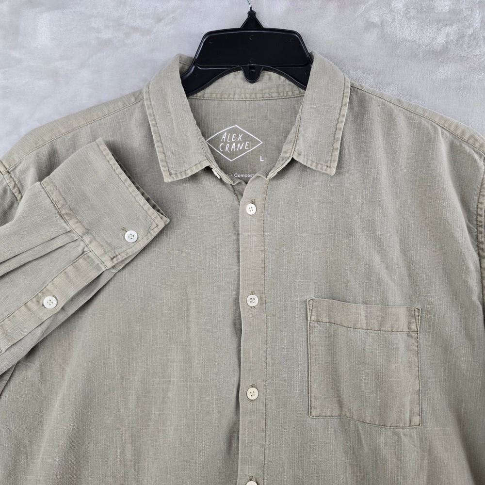 Alex Crane Button Up Shirt Mens Large Green Organic Cotton Long Sleeve Pocket